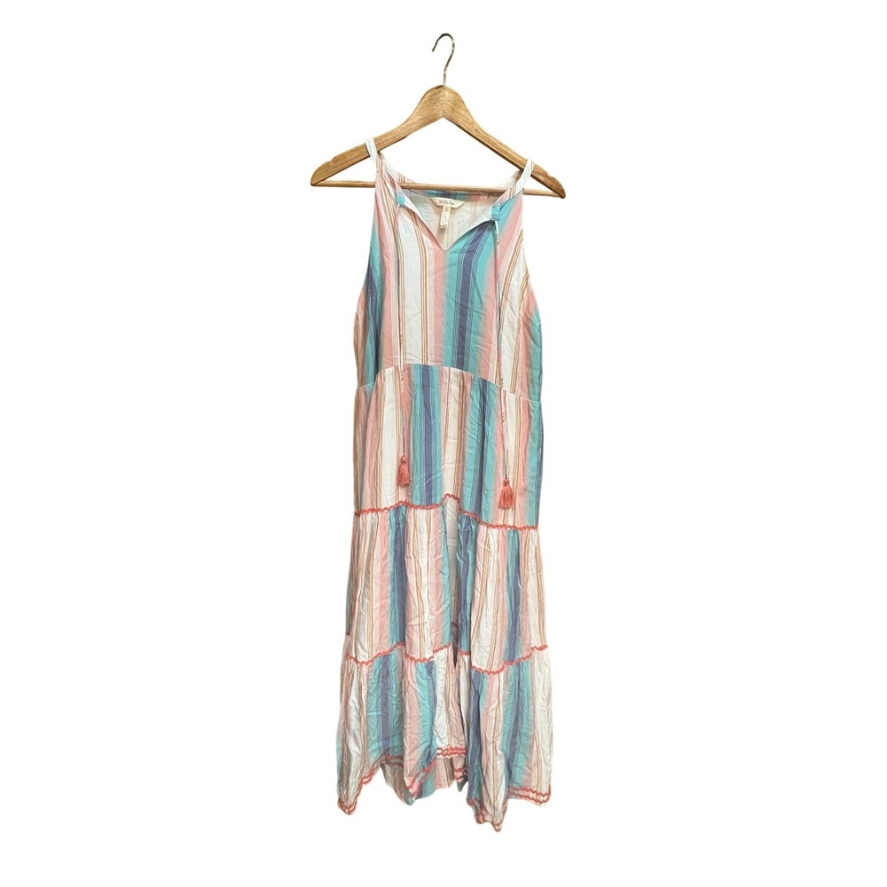 Matilda Jane Womens Multi Color Striped Tiered Midi Dress Ric Rac Tassels Size M